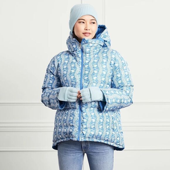 Hill House Reversible Edie Puffer Jacket in Blue Linear Floral NWT - Picture 2 of 16
